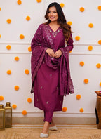 Vellora Roman Silk Magenta Festival Wear Sequins Work Readymade Straight Suit - Distacart