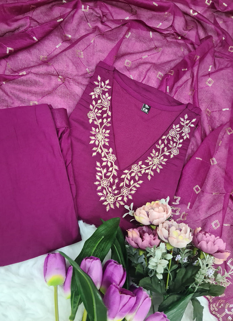 Vellora Roman Silk Magenta Festival Wear Sequins Work Readymade Straight Suit - Distacart