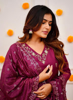 Vellora Roman Silk Magenta Festival Wear Sequins Work Readymade Straight Suit - Distacart