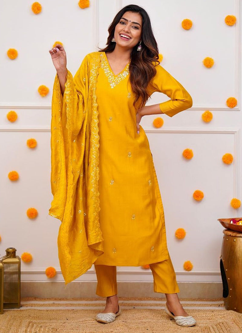 Vellora Roman Silk Yellow Festival Wear Sequins Work Readymade Straight Suit - Distacart