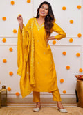 Vellora Roman Silk Yellow Festival Wear Sequins Work Readymade Straight Suit - Distacart