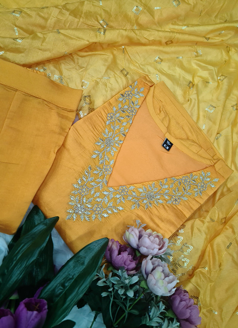 Vellora Roman Silk Yellow Festival Wear Sequins Work Readymade Straight Suit - Distacart