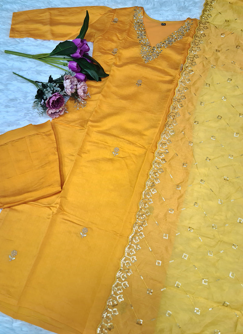 Vellora Roman Silk Yellow Festival Wear Sequins Work Readymade Straight Suit - Distacart