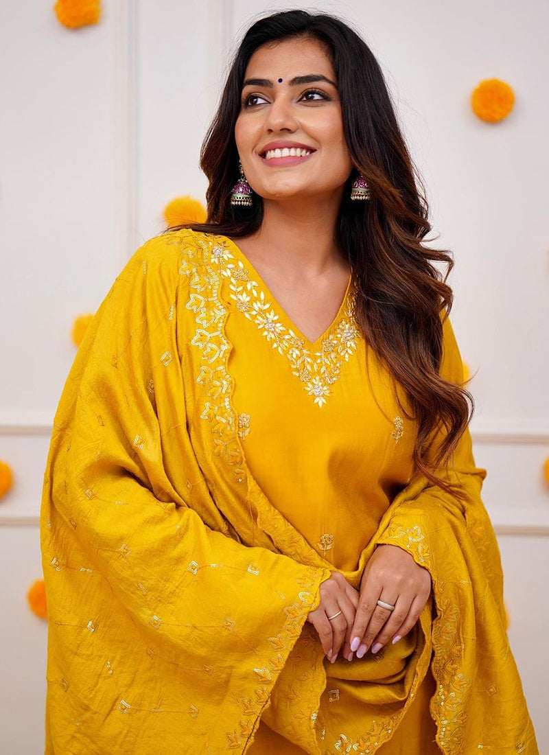 Vellora Roman Silk Yellow Festival Wear Sequins Work Readymade Straight Suit - Distacart