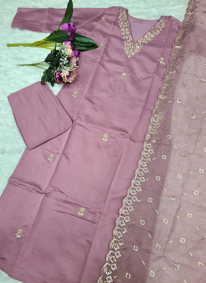 Vellora Roman Silk Lilac Festival Wear Sequins Work Readymade Straight Suit - Distacart