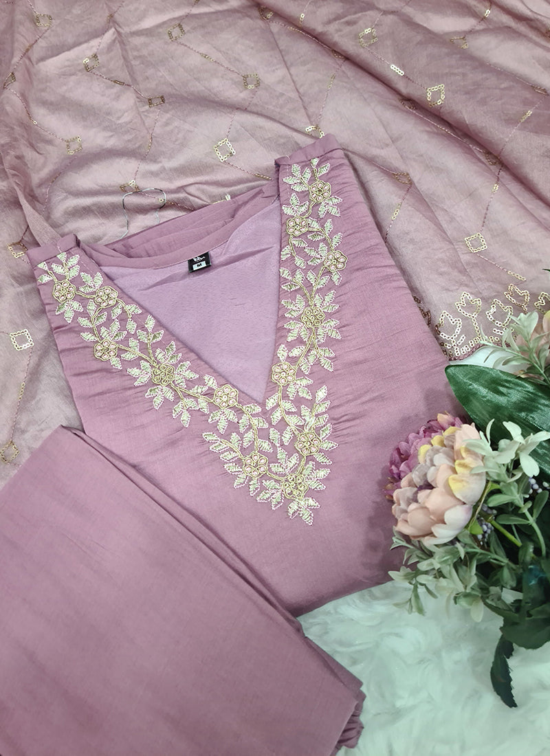Vellora Roman Silk Lilac Festival Wear Sequins Work Readymade Straight Suit - Distacart