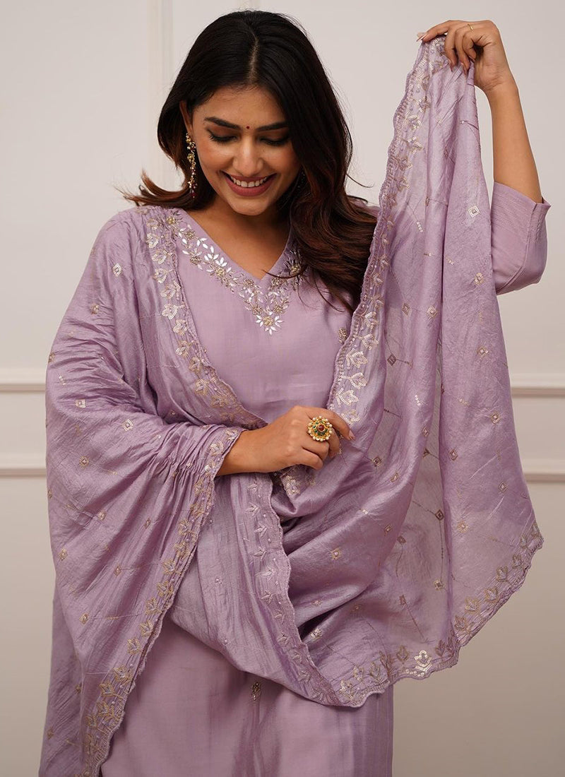 Vellora Roman Silk Lilac Festival Wear Sequins Work Readymade Straight Suit - Distacart
