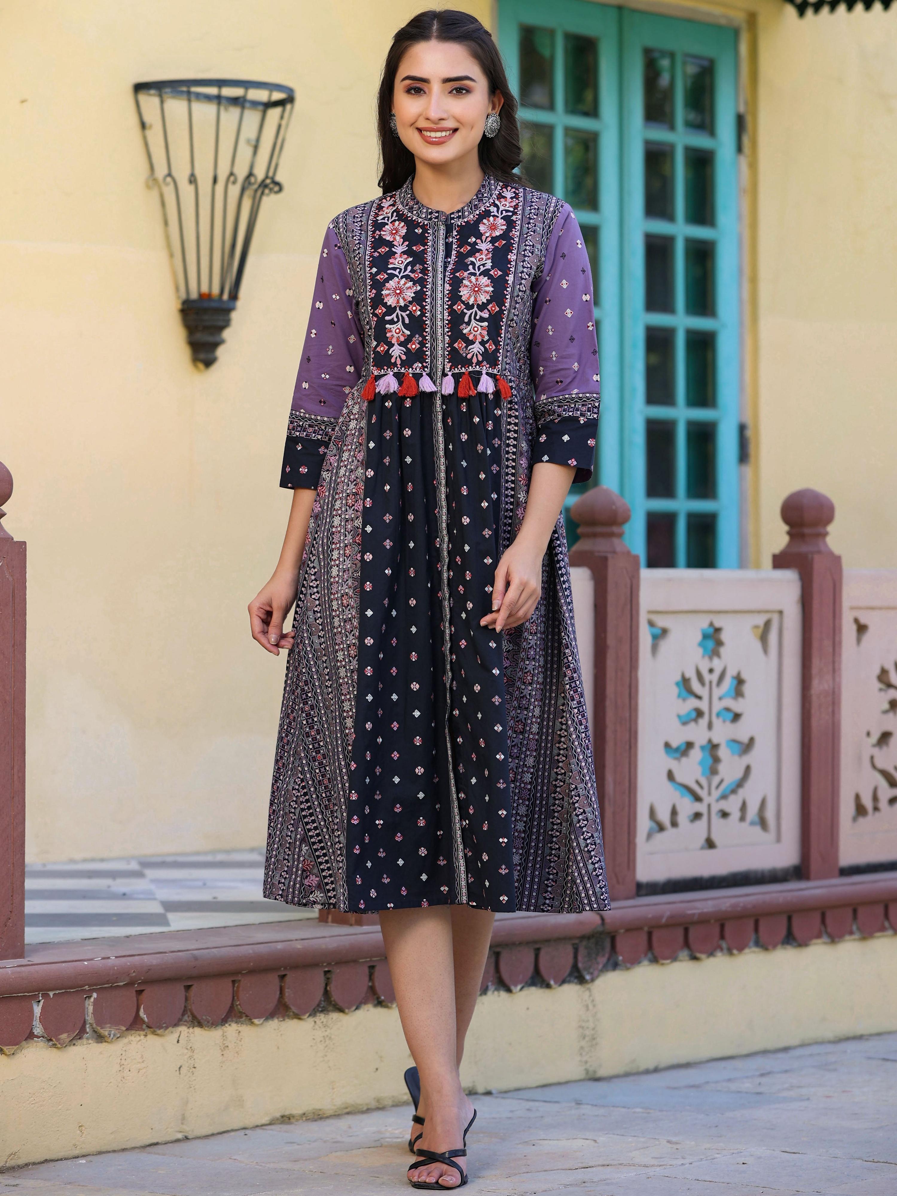 Juniper Women's Lavender Cambric Printed Embroidered Flared Dress - Distacart