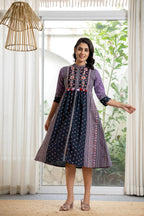 Juniper Lavender Floral Printed Cotton Dress With Thread Work & Tassels - Distacart