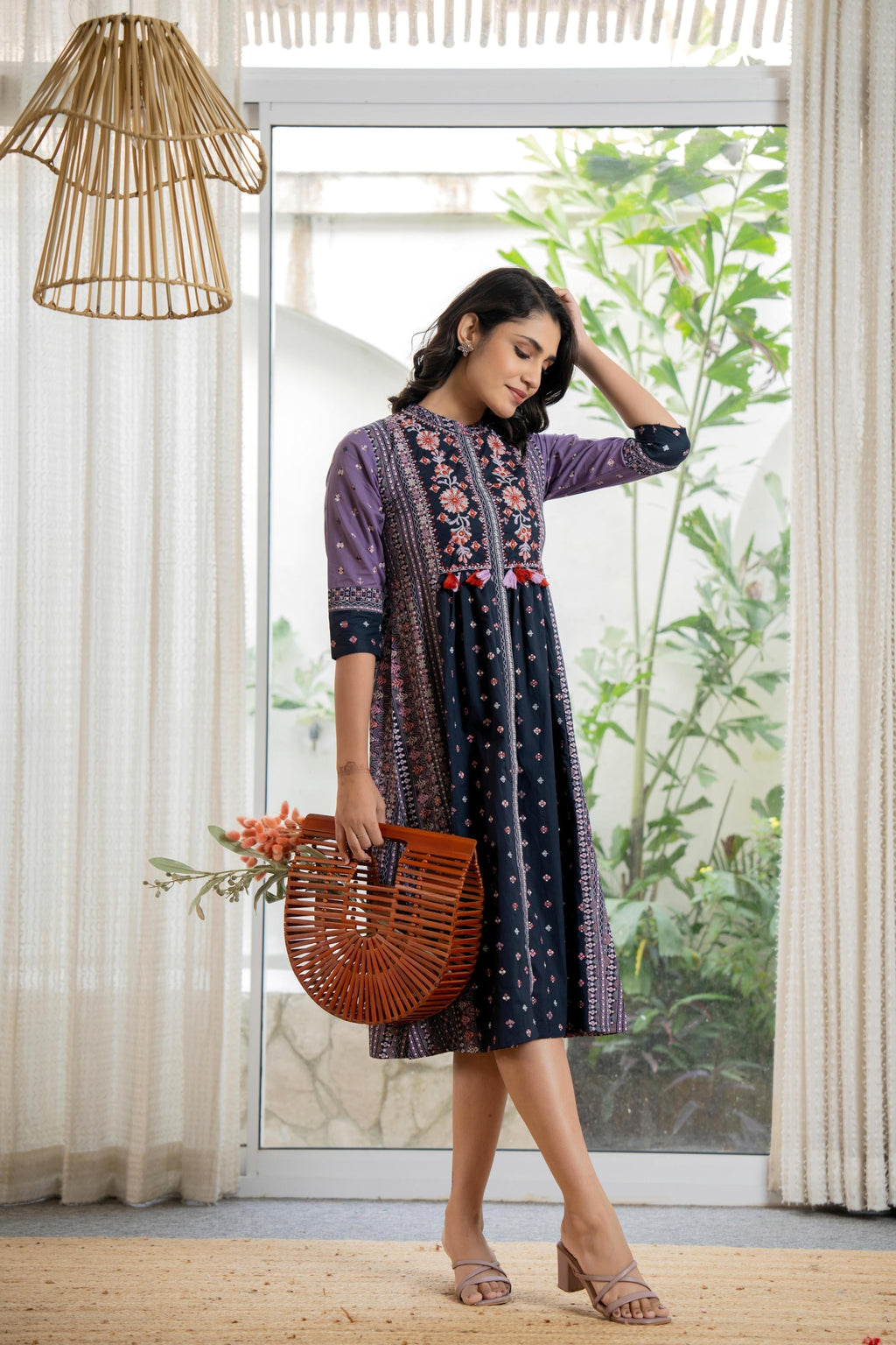Juniper Lavender Floral Printed Cotton Dress With Thread Work & Tassels - Distacart