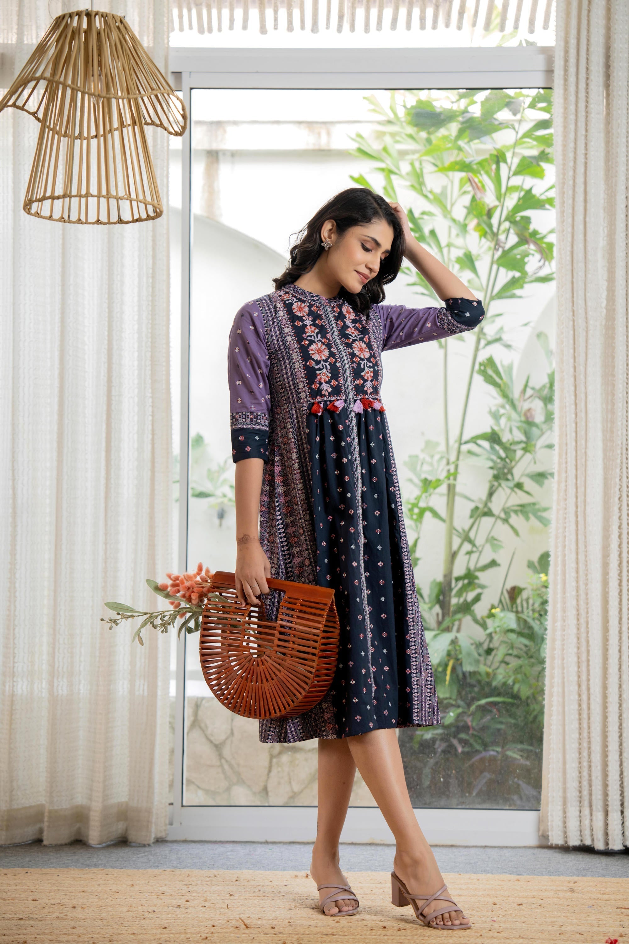 Juniper Lavender Floral Printed Cotton Dress With Thread Work & Tassels - Distacart