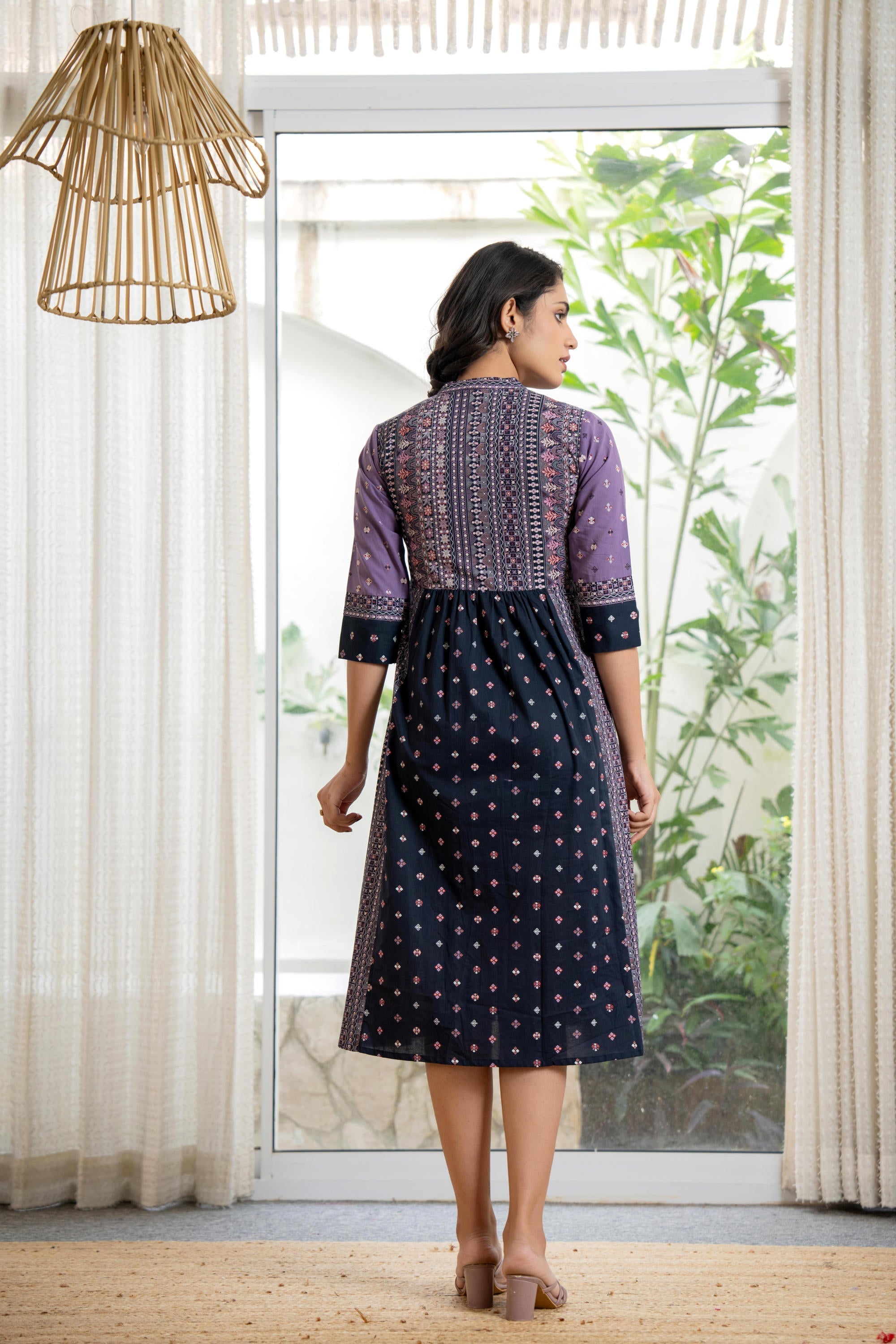 Juniper Lavender Floral Printed Cotton Dress With Thread Work & Tassels - Distacart