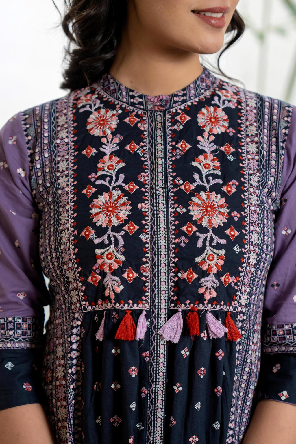 Juniper Lavender Floral Printed Cotton Dress With Thread Work & Tassels - Distacart