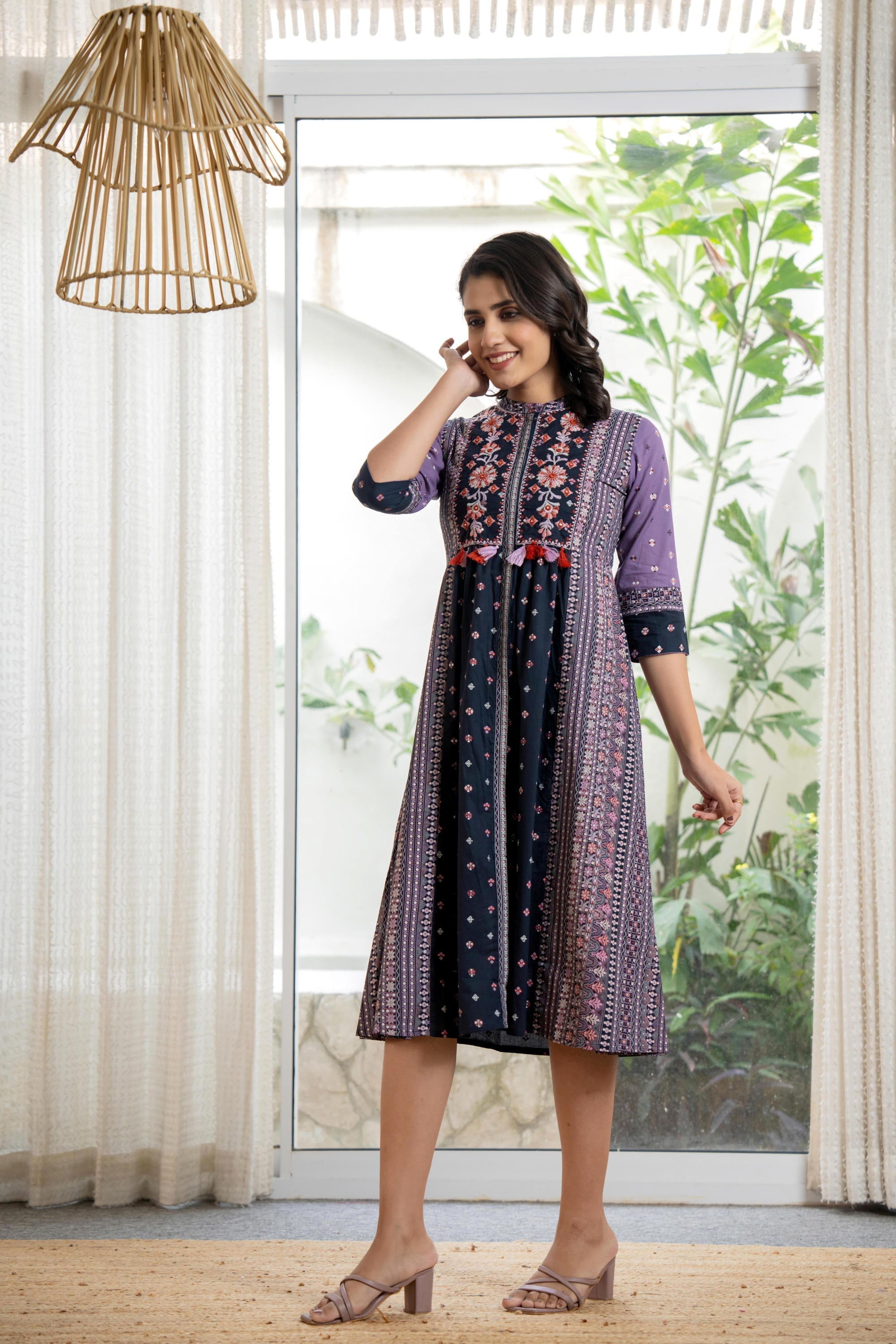 Juniper Lavender Floral Printed Cotton Dress With Thread Work & Tassels - Distacart
