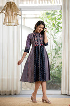 Juniper Lavender Floral Printed Cotton Dress With Thread Work & Tassels - Distacart