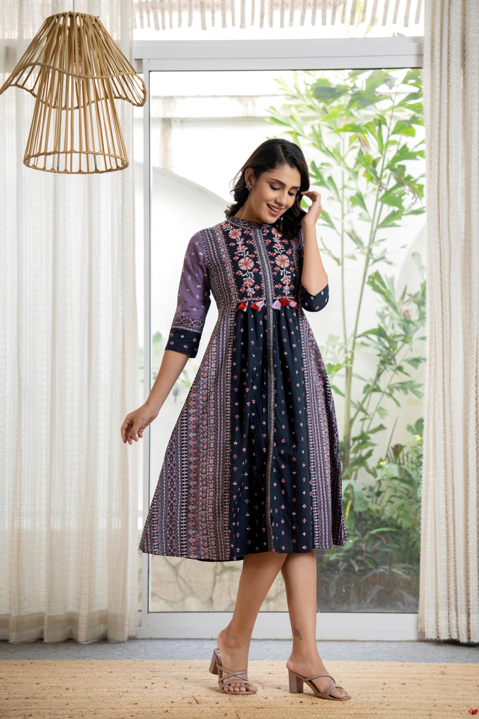 Juniper Lavender Floral Printed Cotton Dress With Thread Work & Tassels - Distacart