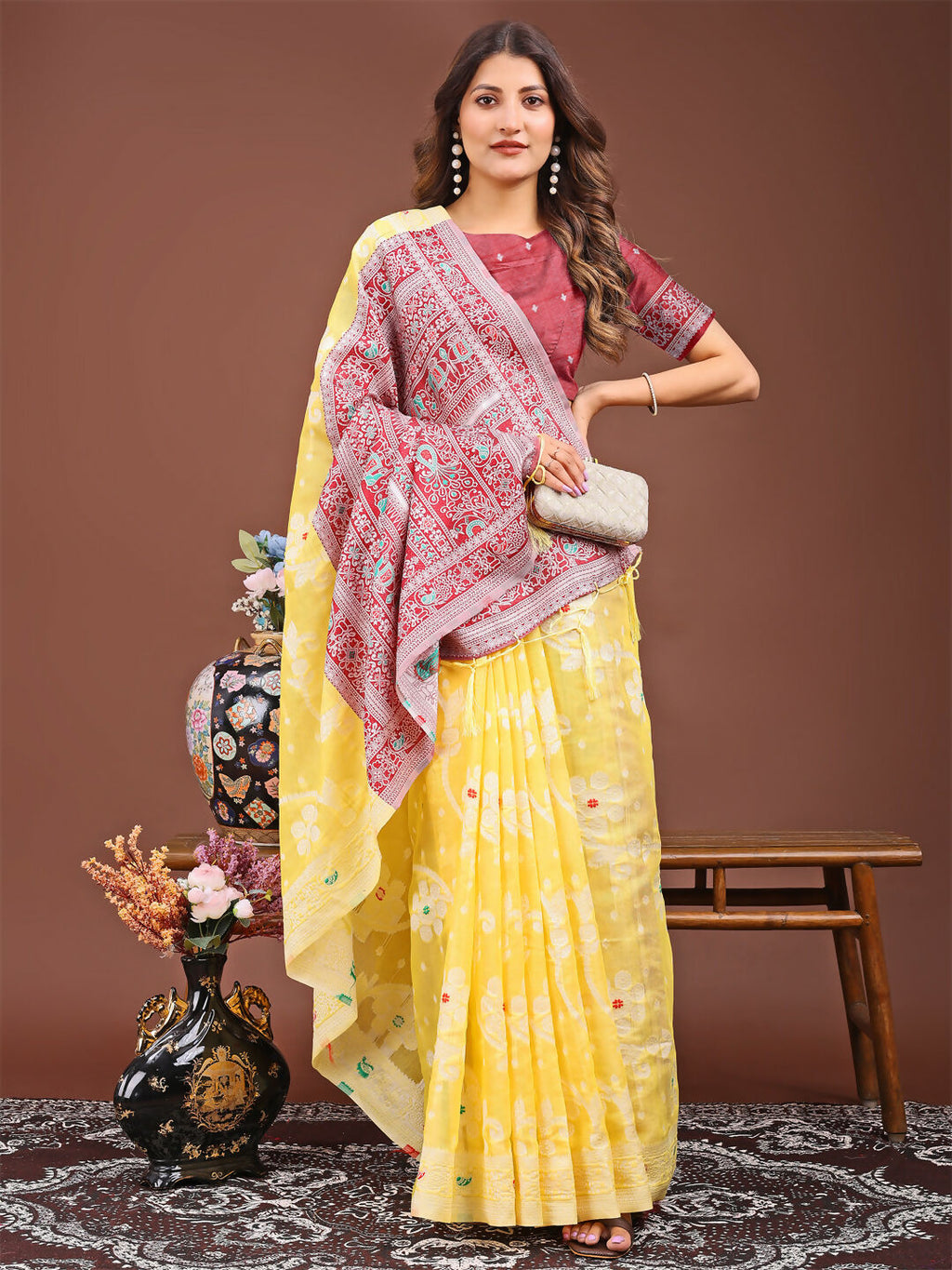 Shree Shyam Fashion Anaya Yellow Linen Cotton Saree
