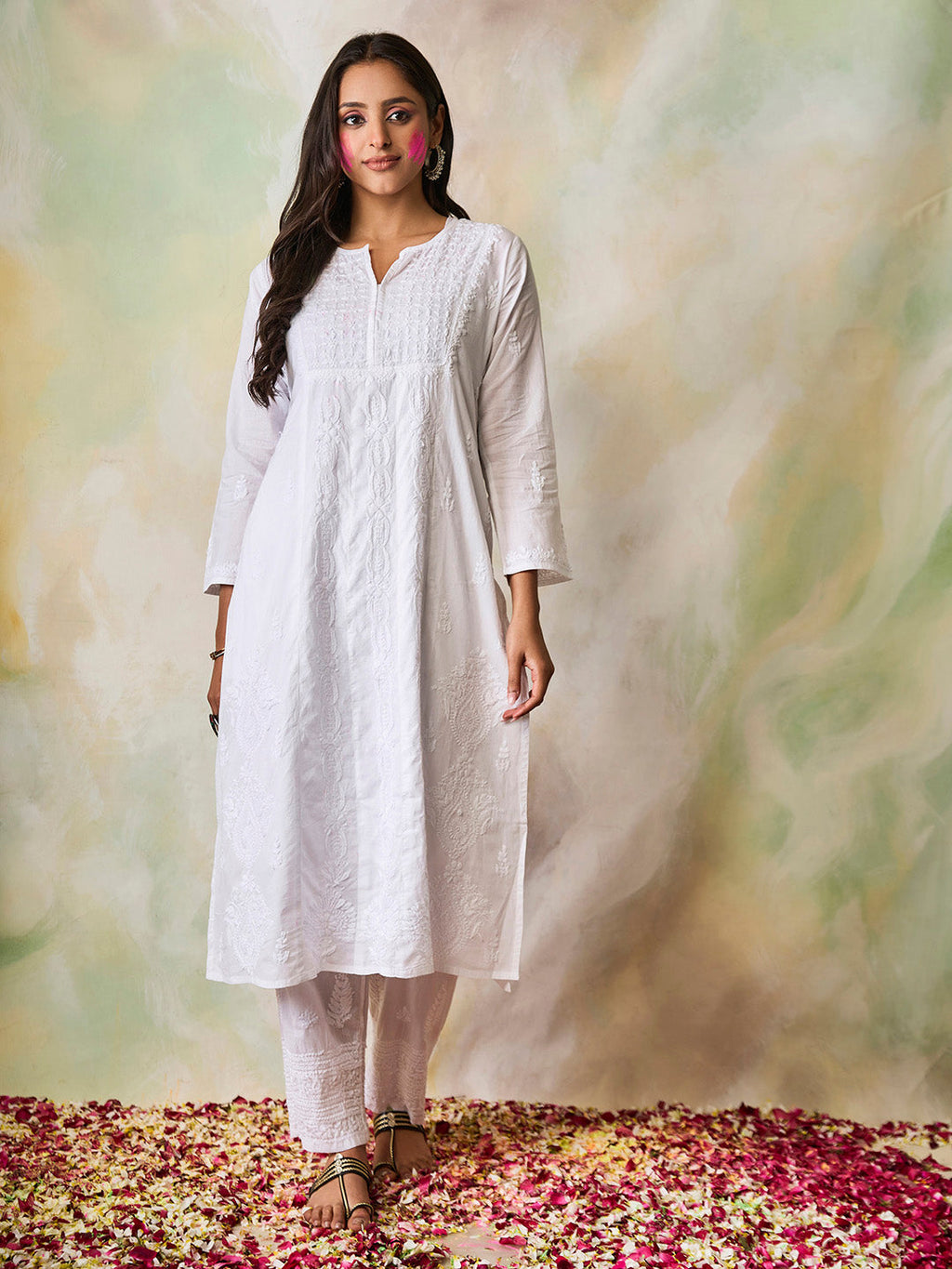 HOUSE OF KARI Notched Neck Ethnic Motifs Embroidered Chikankari Cotton Kurta