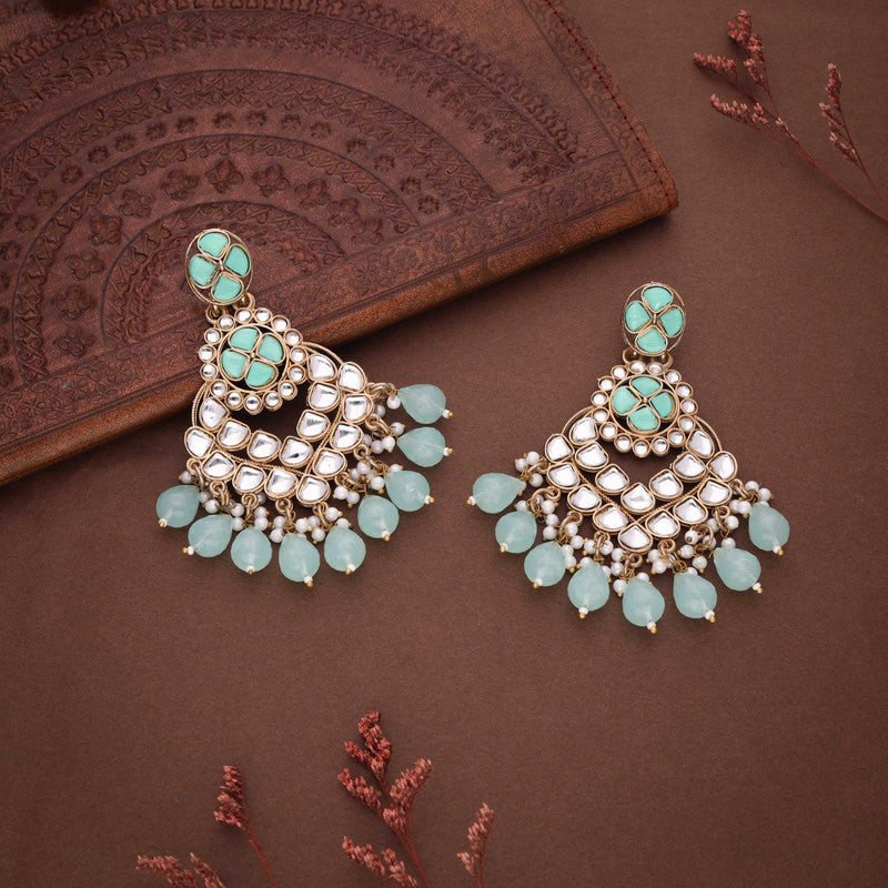Tehzeeb Creations Gold Polish Kundan Sea Green Colour Earrings - Distacart