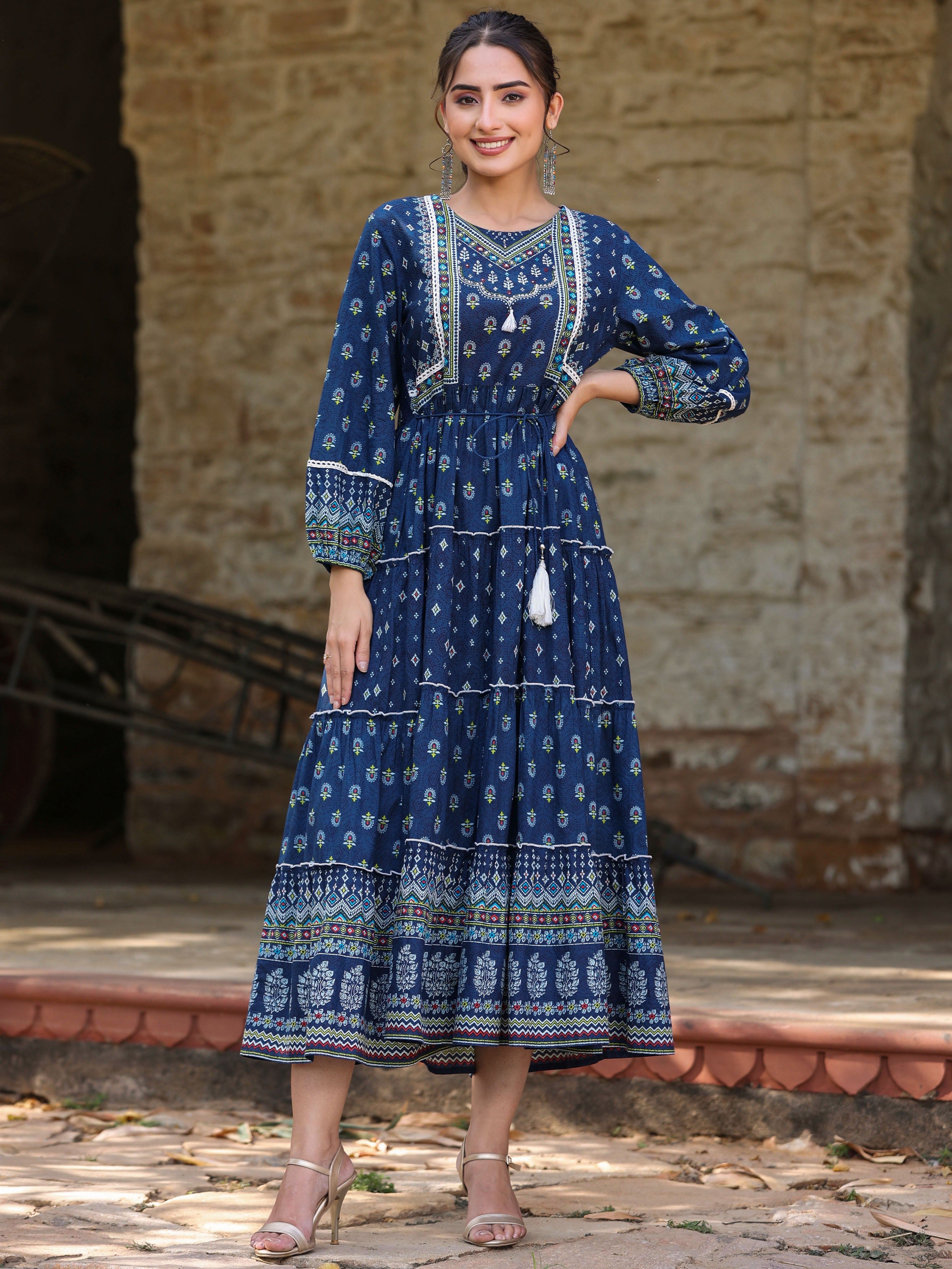 Juniper Women's Navy Blue Ethnic Motif Printed Pure Cotton Tiered Maxi Dress - Distacart