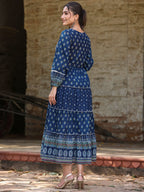 Juniper Women's Navy Blue Ethnic Motif Printed Pure Cotton Tiered Maxi Dress - Distacart