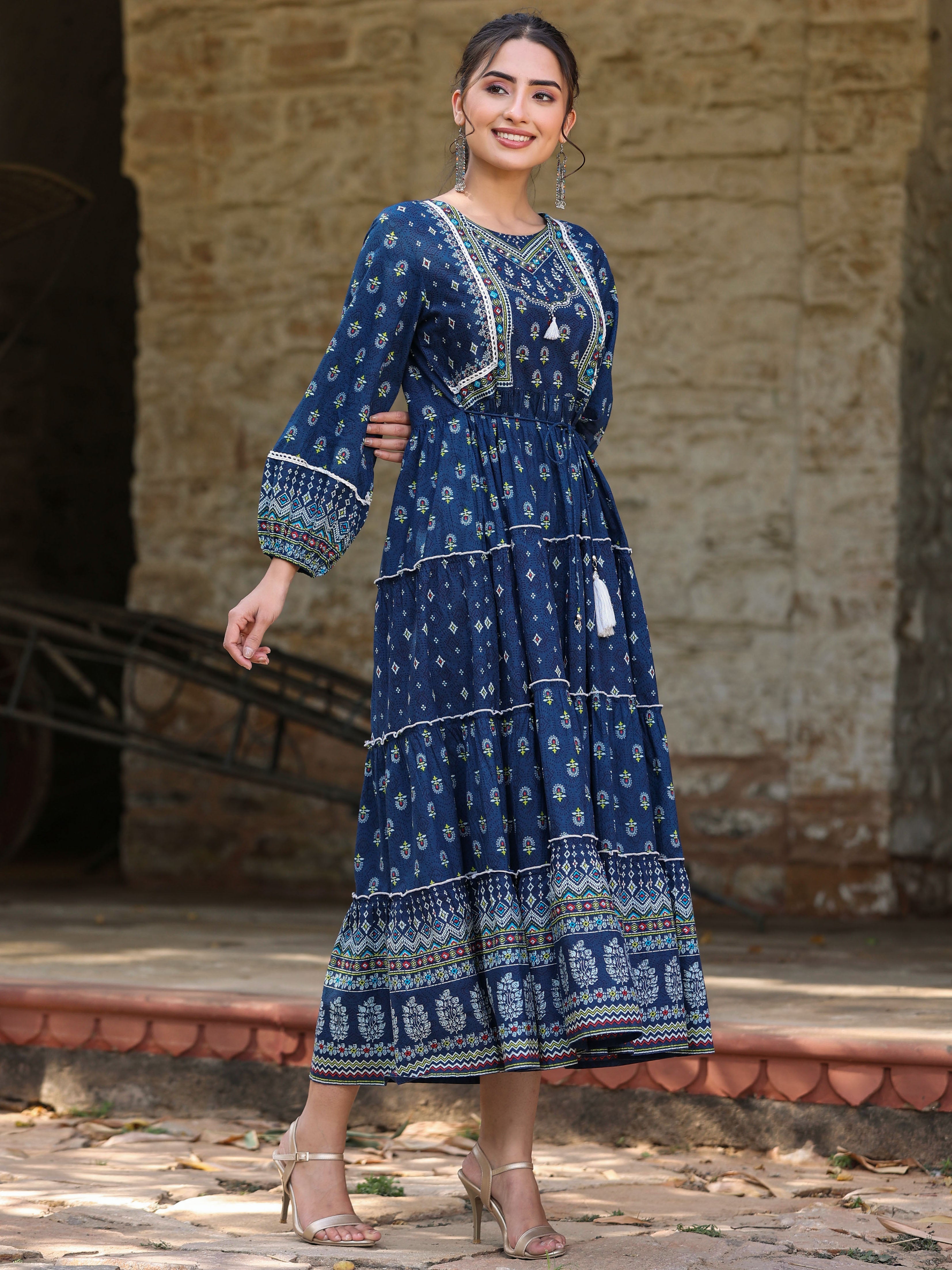 Juniper Women's Navy Blue Ethnic Motif Printed Pure Cotton Tiered Maxi Dress - Distacart