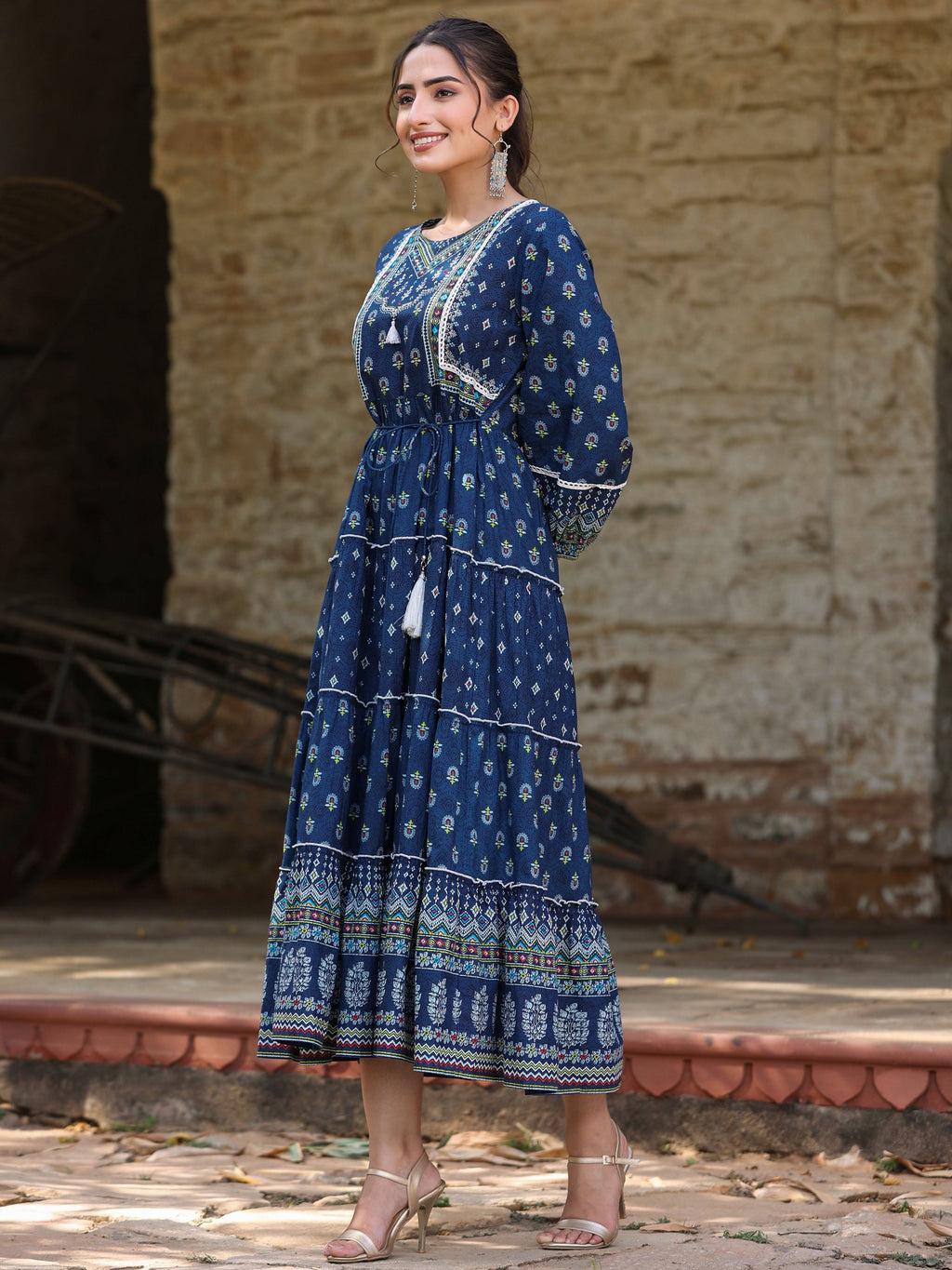 Juniper Women's Navy Blue Ethnic Motif Printed Pure Cotton Tiered Maxi Dress - Distacart