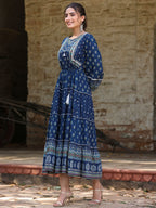 Juniper Women's Navy Blue Ethnic Motif Printed Pure Cotton Tiered Maxi Dress - Distacart