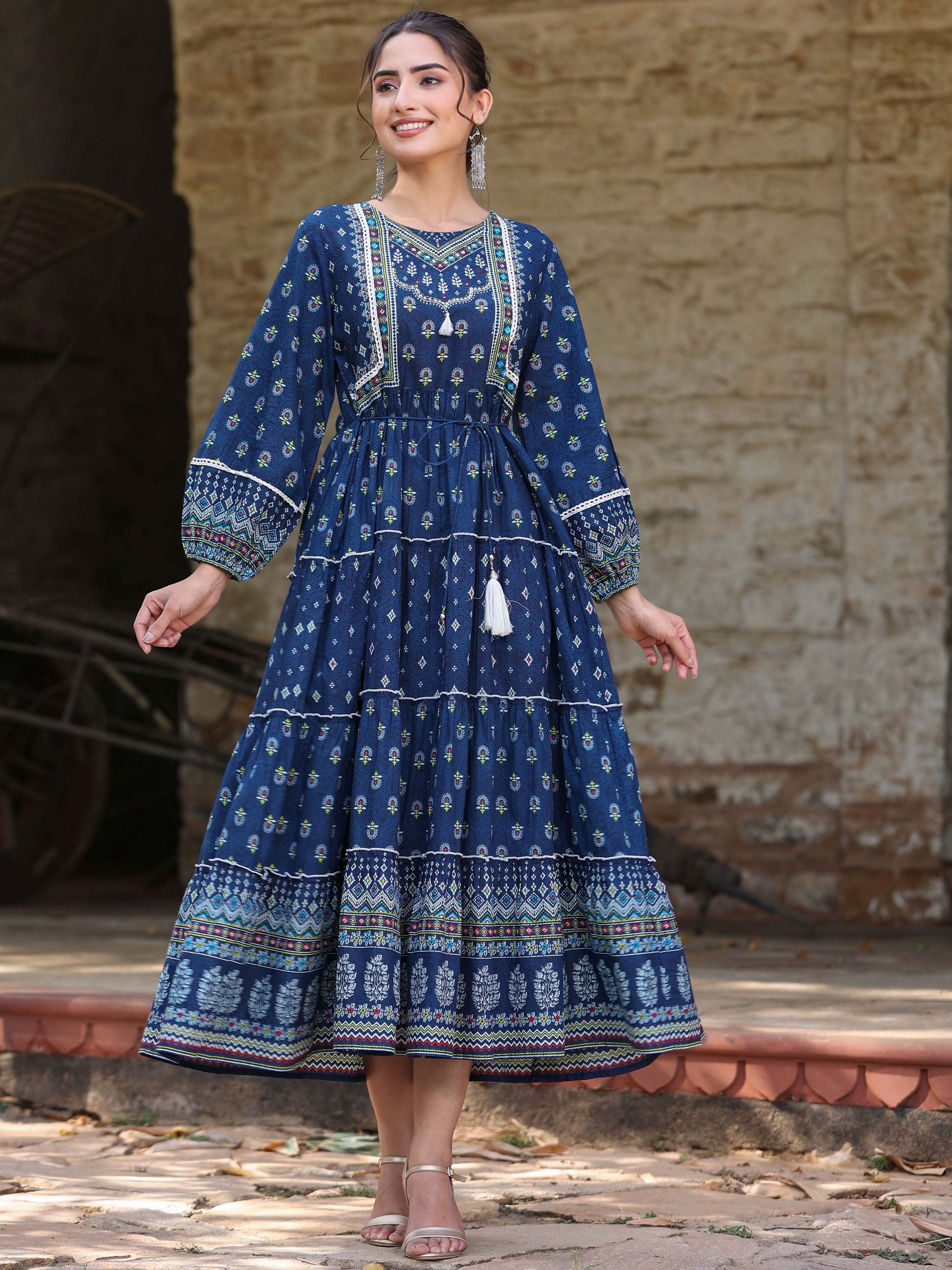 Juniper Women's Navy Blue Ethnic Motif Printed Pure Cotton Tiered Maxi Dress - Distacart