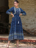 Juniper Women's Navy Blue Ethnic Motif Printed Pure Cotton Tiered Maxi Dress - Distacart