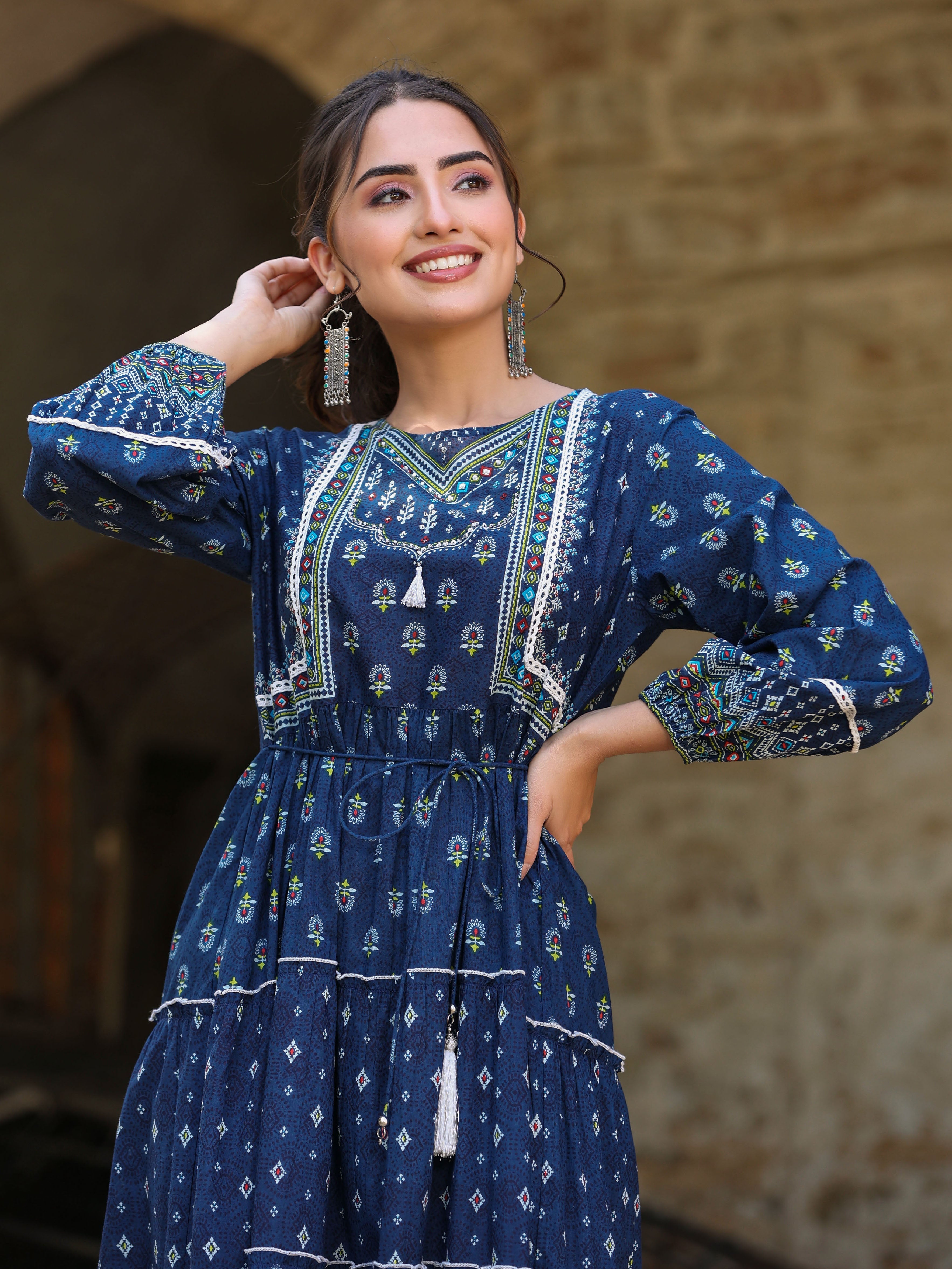 Juniper Women's Navy Blue Ethnic Motif Printed Pure Cotton Tiered Maxi Dress - Distacart