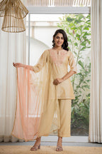 Juniper Women's Gold Solid Chanderi Kurta Set With Thread Work & Gota Patti