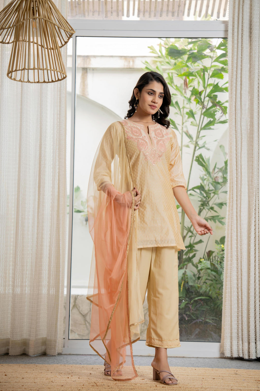 Juniper Women's Gold Solid Chanderi Kurta Set With Thread Work & Gota Patti