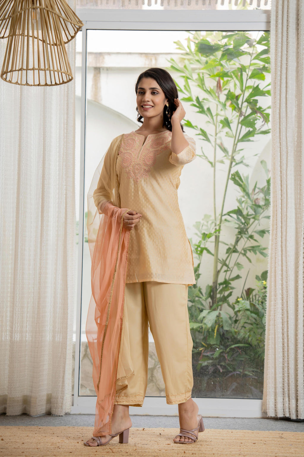 Juniper Women's Gold Solid Chanderi Kurta Set With Thread Work & Gota Patti