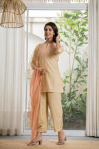 Juniper Women's Gold Solid Chanderi Kurta Set With Thread Work & Gota Patti