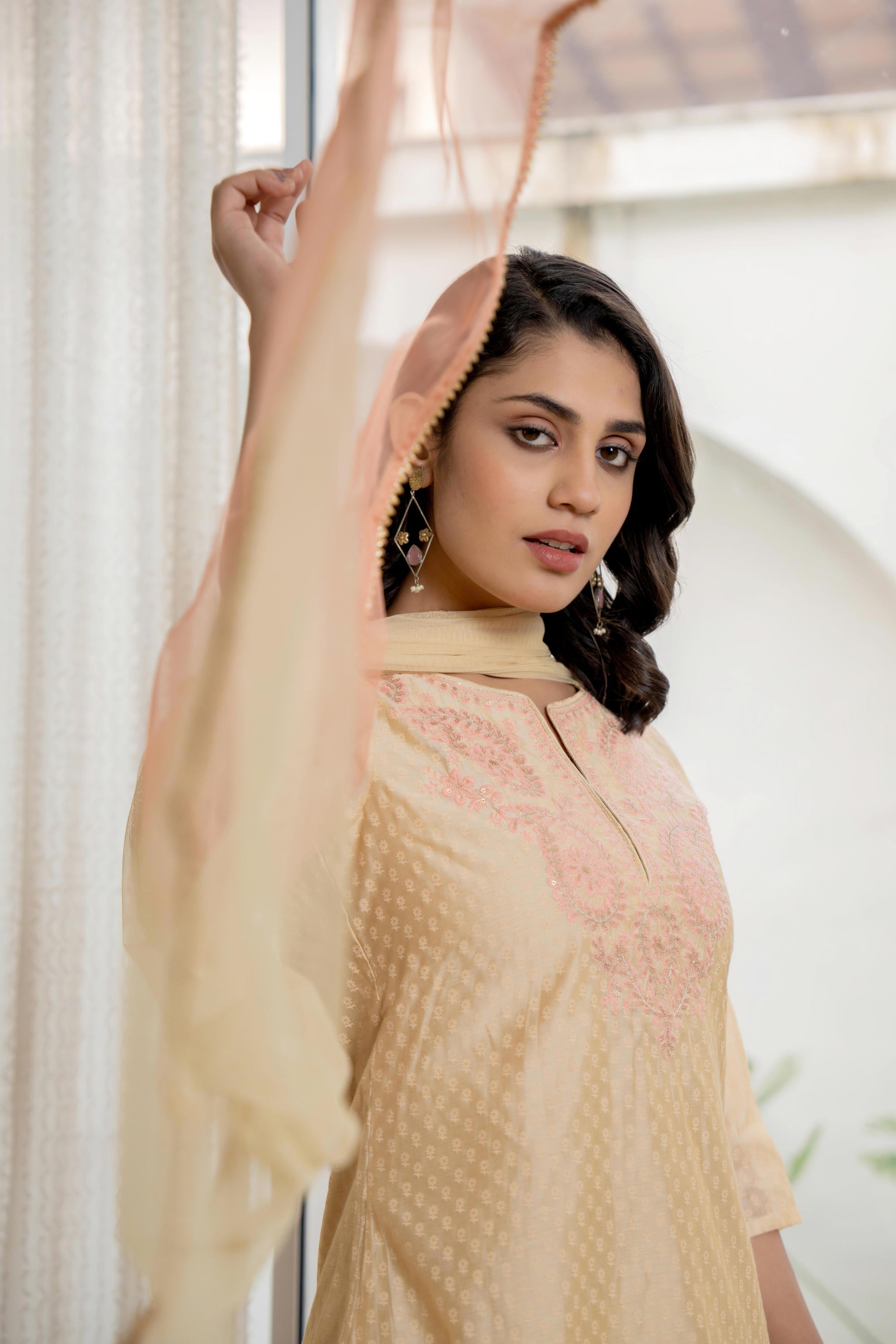 Juniper Women's Gold Solid Chanderi Kurta Set With Thread Work & Gota Patti