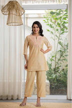 Juniper Women's Gold Solid Chanderi Kurta Set With Thread Work & Gota Patti
