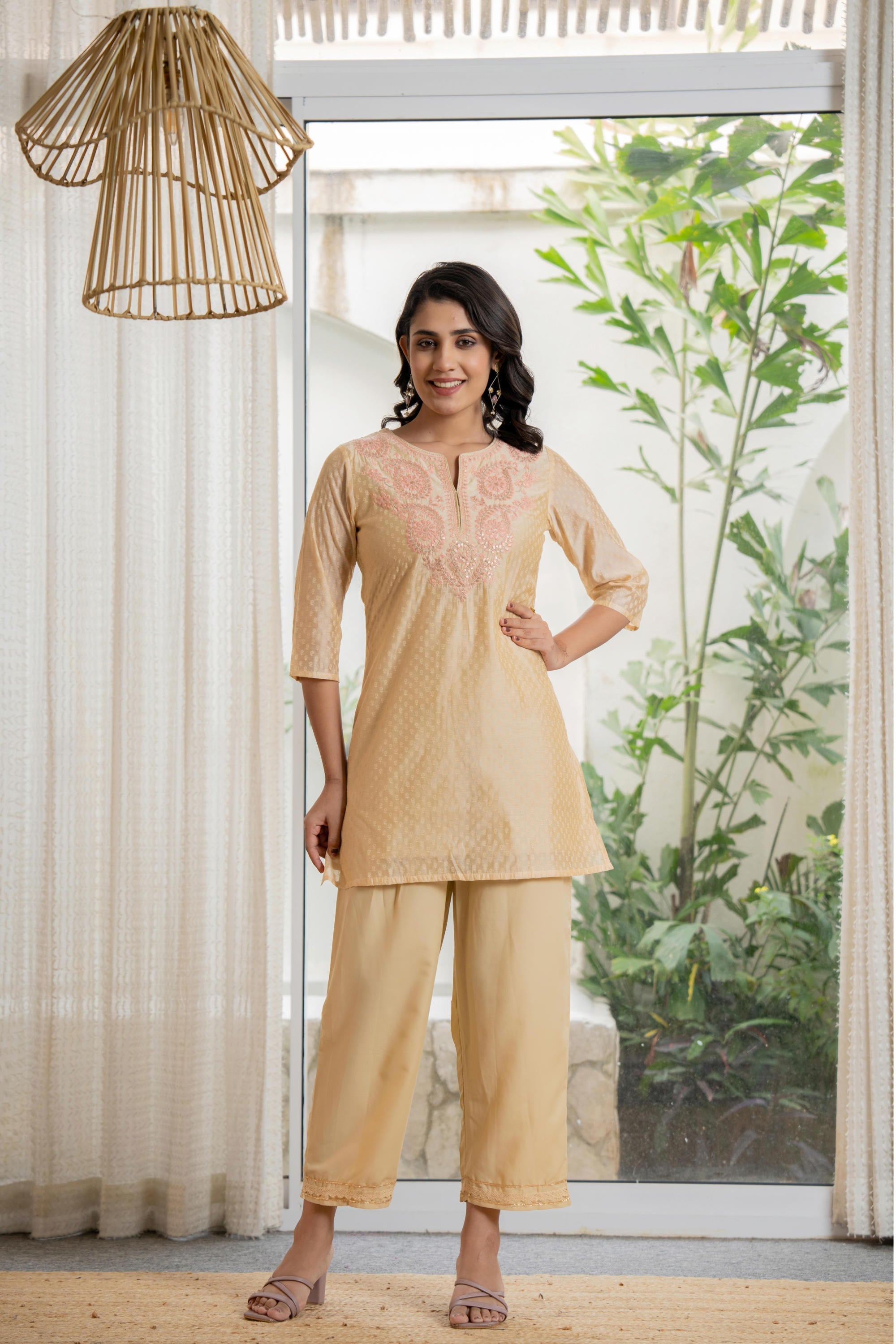 Juniper Women's Gold Solid Chanderi Kurta Set With Thread Work & Gota Patti