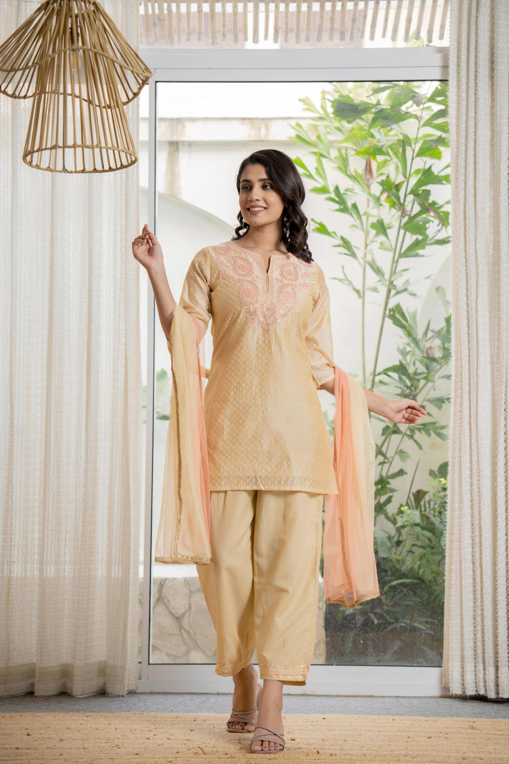 Juniper Women's Gold Solid Chanderi Kurta Set With Thread Work & Gota Patti