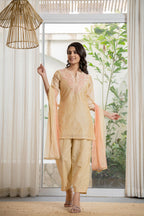 Juniper Women's Gold Solid Chanderi Kurta Set With Thread Work & Gota Patti