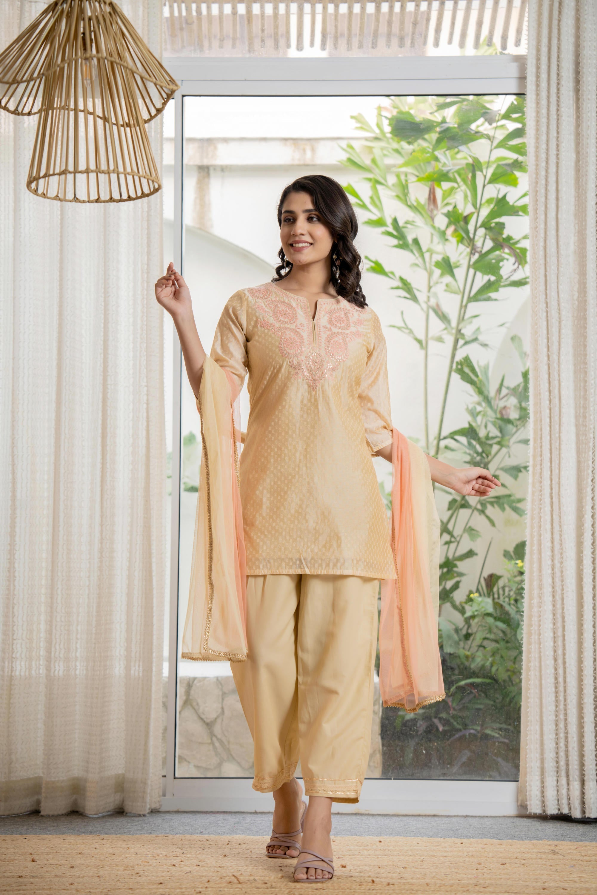 Juniper Women's Gold Solid Chanderi Kurta Set With Thread Work & Gota Patti