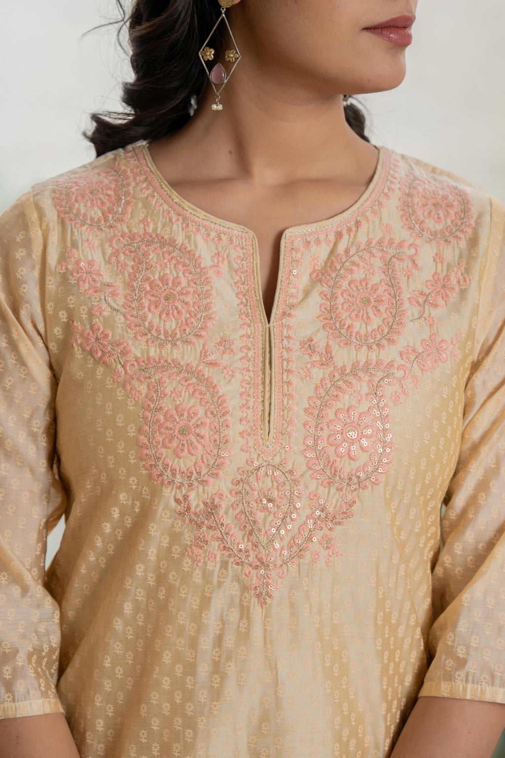 Juniper Women's Gold Solid Chanderi Kurta Set With Thread Work & Gota Patti