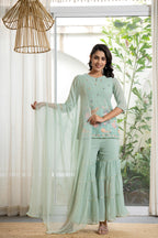 Juniper Women's Green Thread Embroidered Georgette Tunic Sharara & Dupatta Set With Sequins & Lace