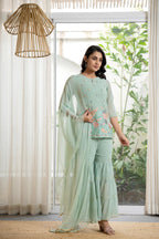 Juniper Women's Green Thread Embroidered Georgette Tunic Sharara & Dupatta Set With Sequins & Lace