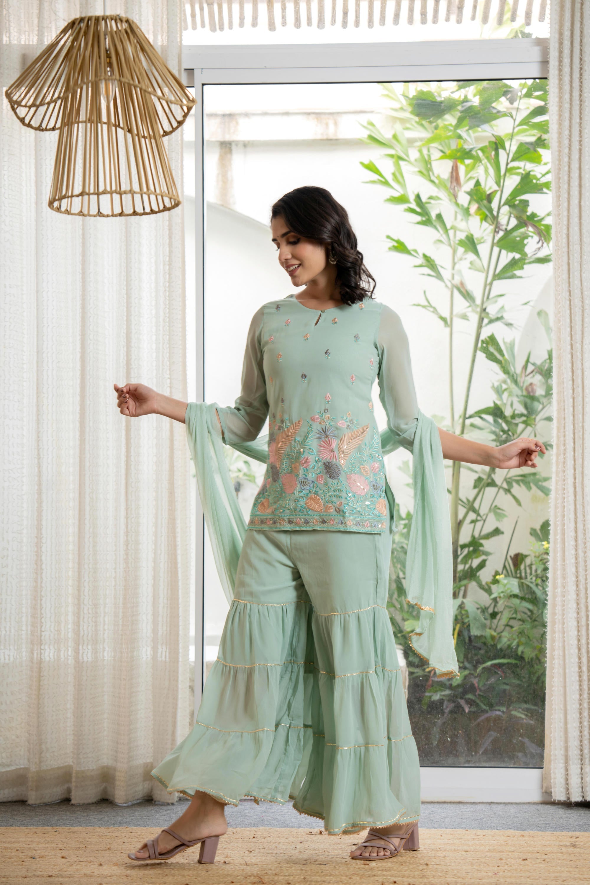 Juniper Women's Green Thread Embroidered Georgette Tunic Sharara & Dupatta Set With Sequins & Lace