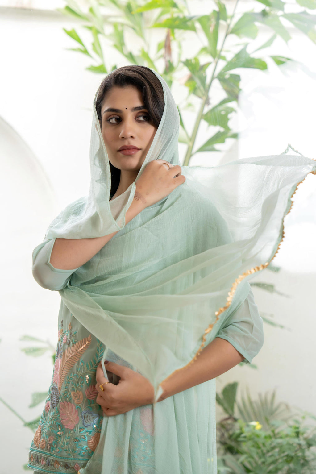 Juniper Women's Green Thread Embroidered Georgette Tunic Sharara & Dupatta Set With Sequins & Lace