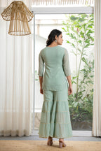 Juniper Women's Green Thread Embroidered Georgette Tunic Sharara & Dupatta Set With Sequins & Lace