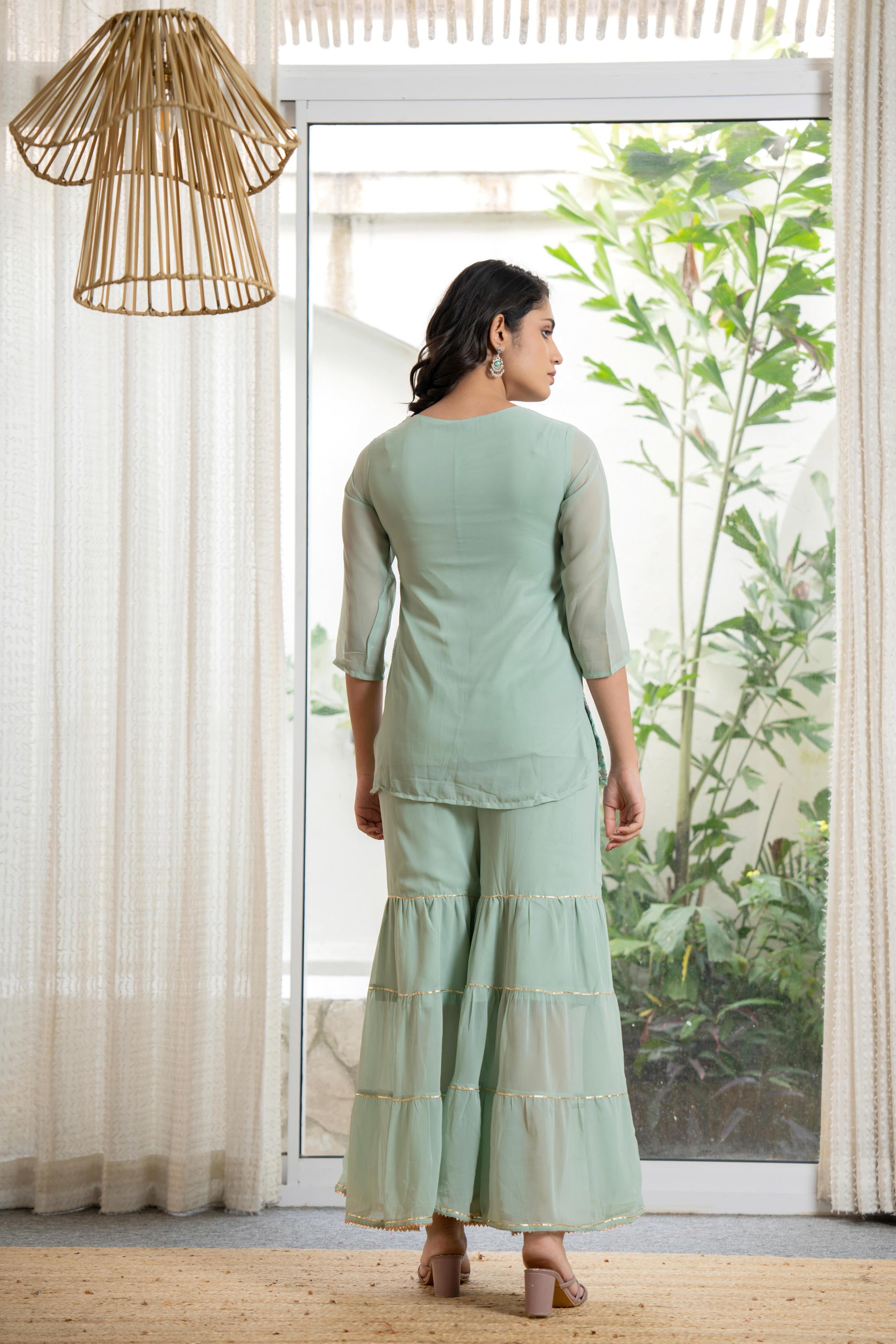 Juniper Women's Green Thread Embroidered Georgette Tunic Sharara & Dupatta Set With Sequins & Lace