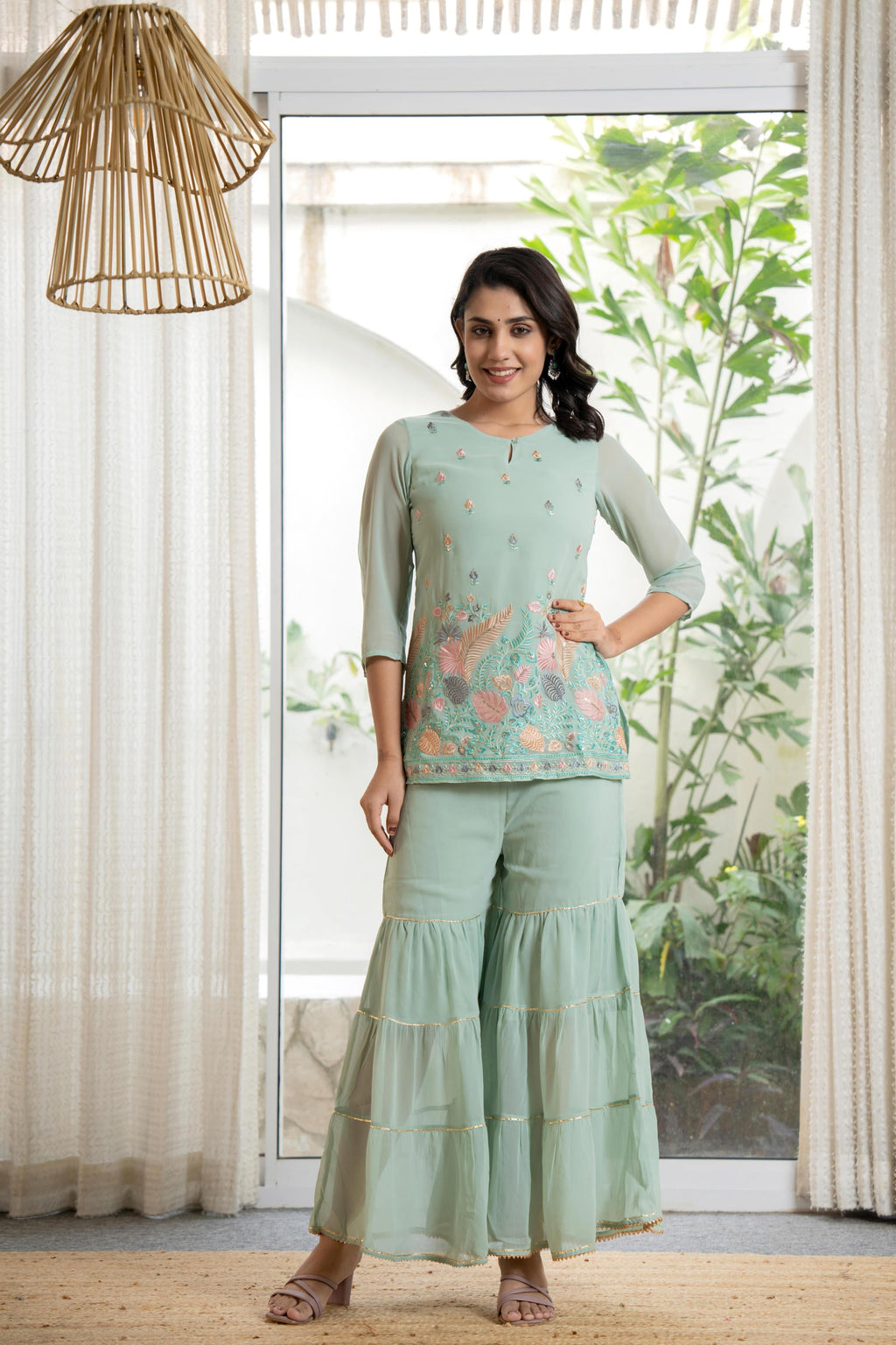 Juniper Women's Green Thread Embroidered Georgette Tunic Sharara & Dupatta Set With Sequins & Lace