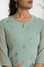 Juniper Women's Green Thread Embroidered Georgette Tunic Sharara & Dupatta Set With Sequins & Lace